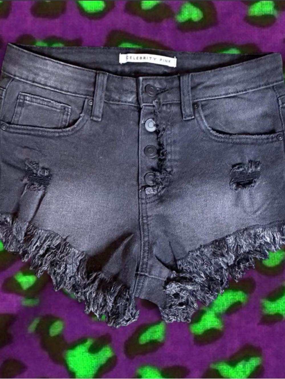 Celebrity Pink Black Frayed Button-Fly Denim Shorts